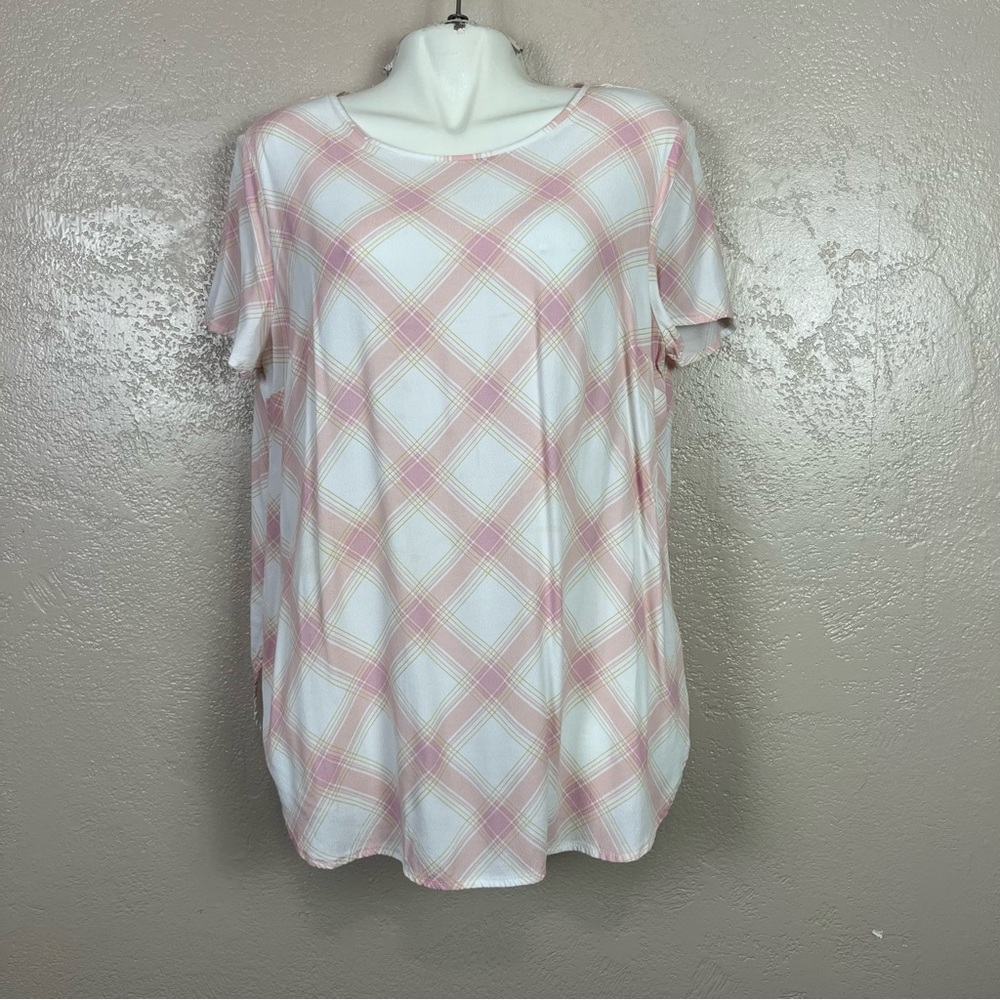 5 for $30 LC Lauren Conrad Plaid Blouse‎ Pink  White Short Sleeve Top Sz. L
